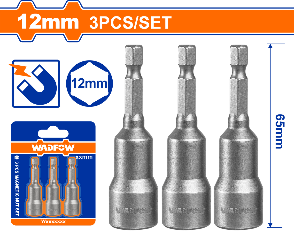 Set 3 adaptoare chei tubulare Wadfow, otel, 1/4” HEX, lungime 65mm, 12mm