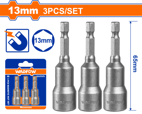 Set 3 adaptoare chei tubulare Wadfow, otel, 1/4” HEX, lungime 65mm, 13mm