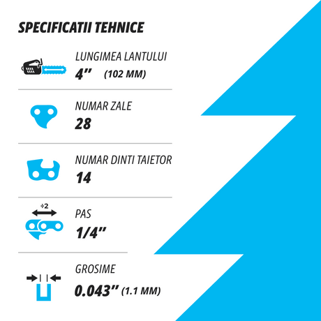 Lant pentru drujba KUZA, Lungime 4", pas 1/4", grosime 043"-1.1 mm, 28 Zale, 1 lant/pachet