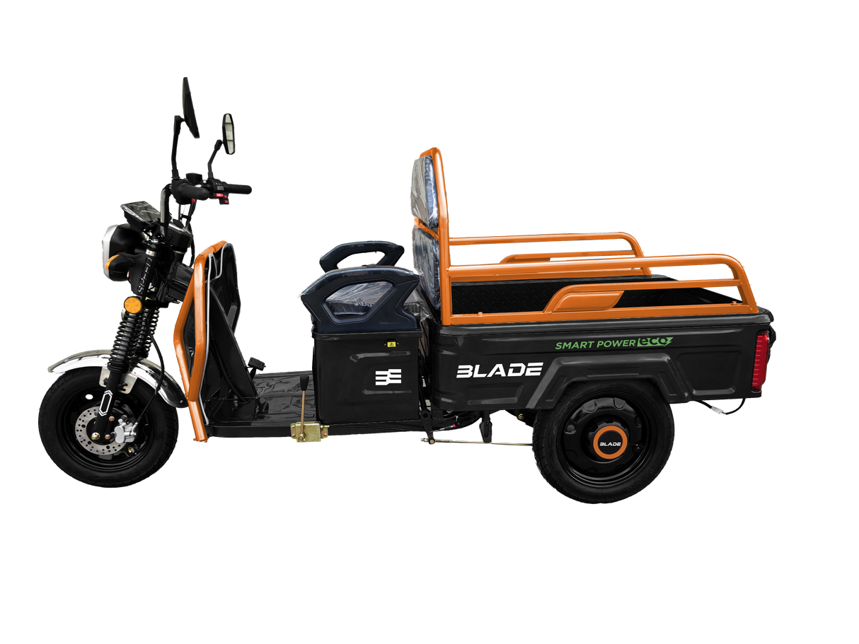 Triciclu Cargo electric BLADE Active R6 1300W, 25 km/h, autonomie pana la 50 km, baterie plumb-acid 72 V/20 Ah, capacitate maxima 500 kg, fara permis, culoare negru-portocaliu