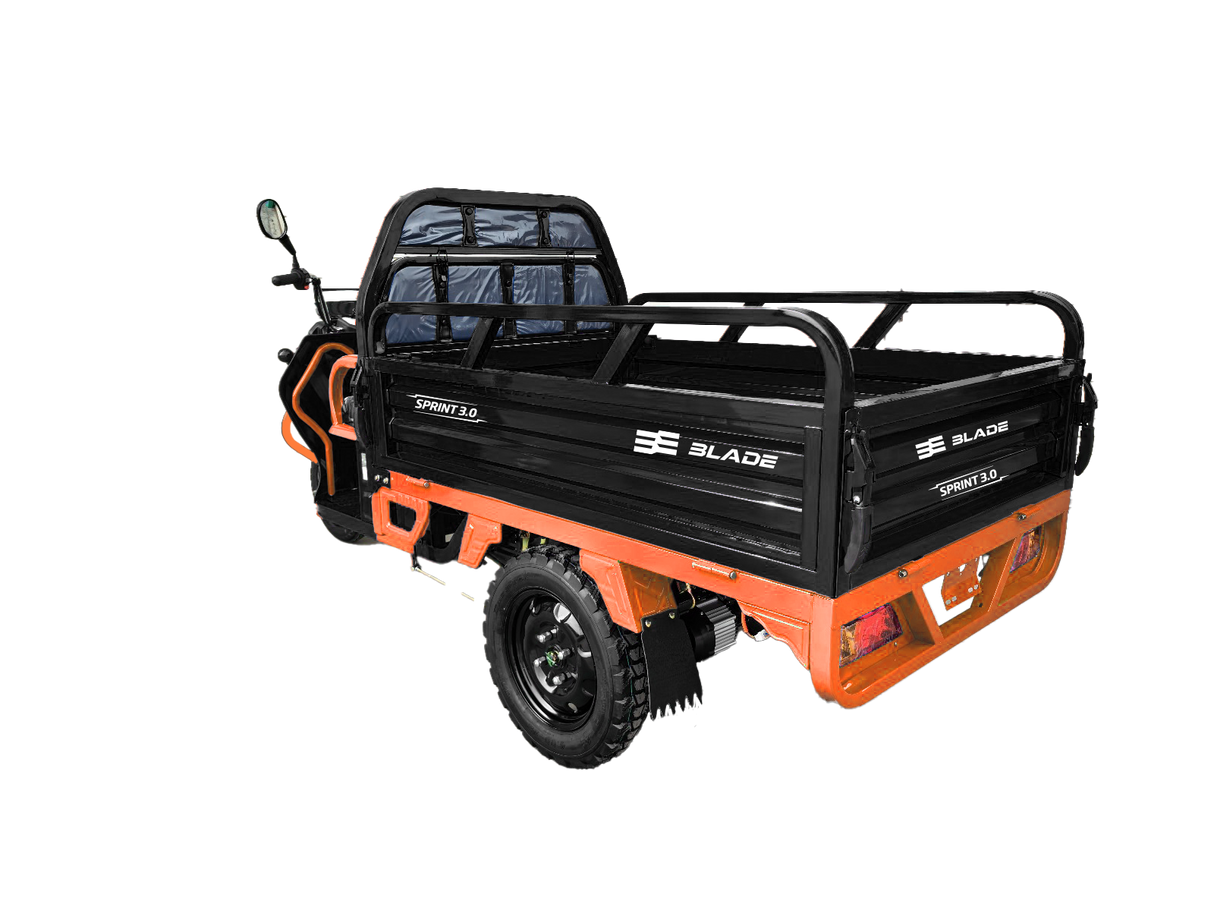 Triciclu Cargo electric BLADE Sprint 3.0 - 2000W, 25 km/h, autonomie pana la 70 km, baterie plumb-acid 72V 45Ah, capacitate maxima 600 kg, fara permis, culoare negru+portocaliu