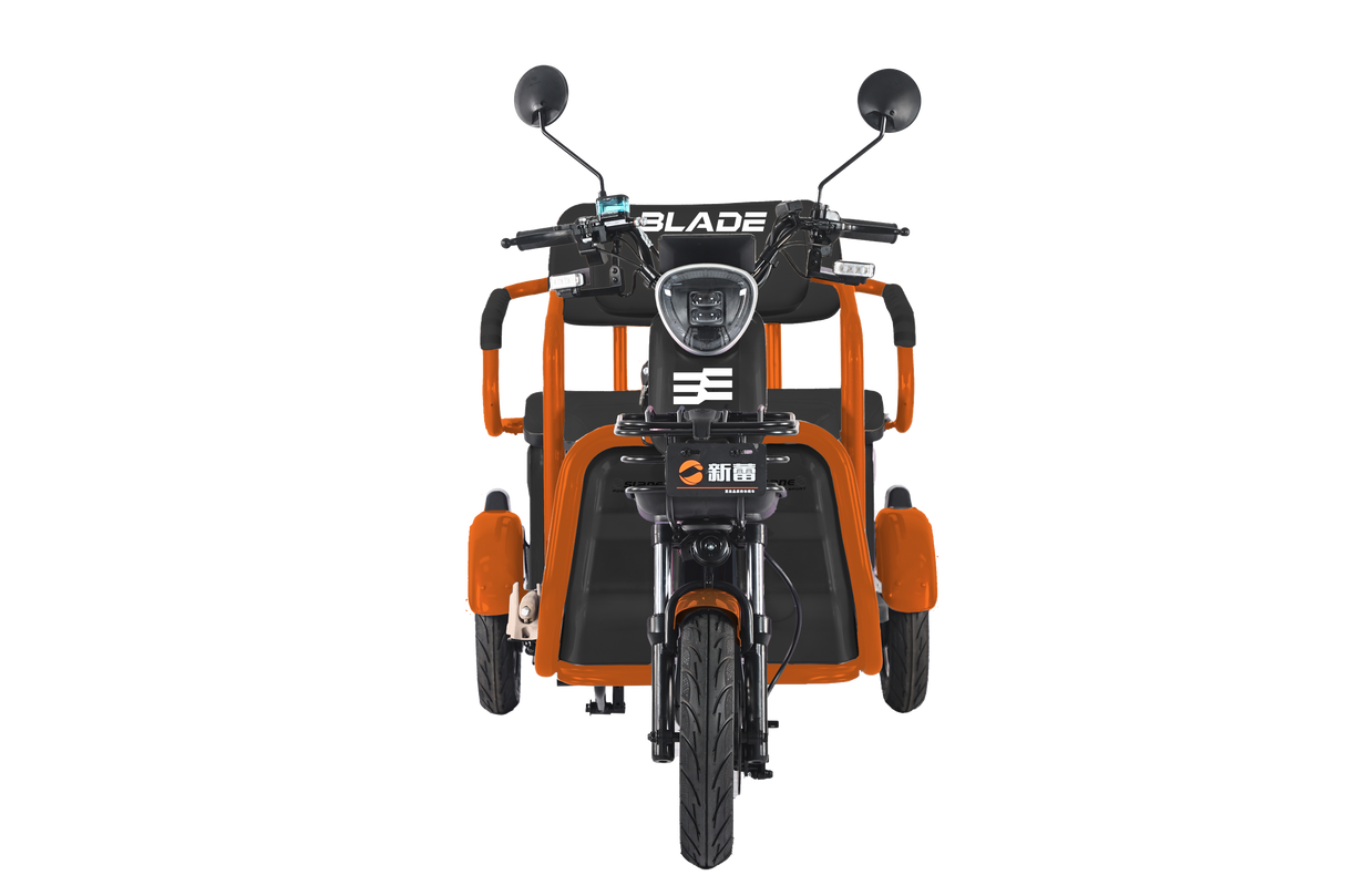 Triciclu electric Blade TRIP X2 2000 W, 25 km/h, autonomie pana la 70 km, baterie plumb- acid 72 V 20 Ah, greutate maxima 160  kg, Fara permis, negru-portocaliu