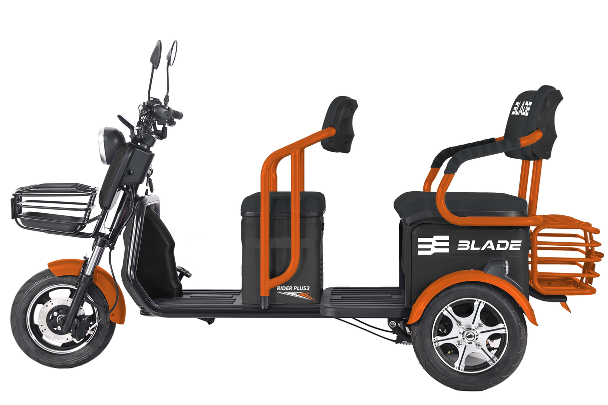 Triciclu electric Blade TRIP X2 2000 W, 25 km/h, autonomie pana la 70 km, baterie plumb- acid 72 V 20 Ah, greutate maxima 160  kg, Fara permis, negru-portocaliu