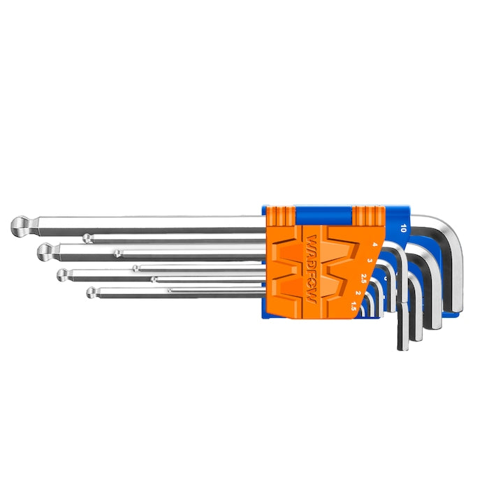 Set 9 chei hexagonale Wadfow, cap bila, dimensiuni 1.5-10mm, Cr-V, brat extra lung