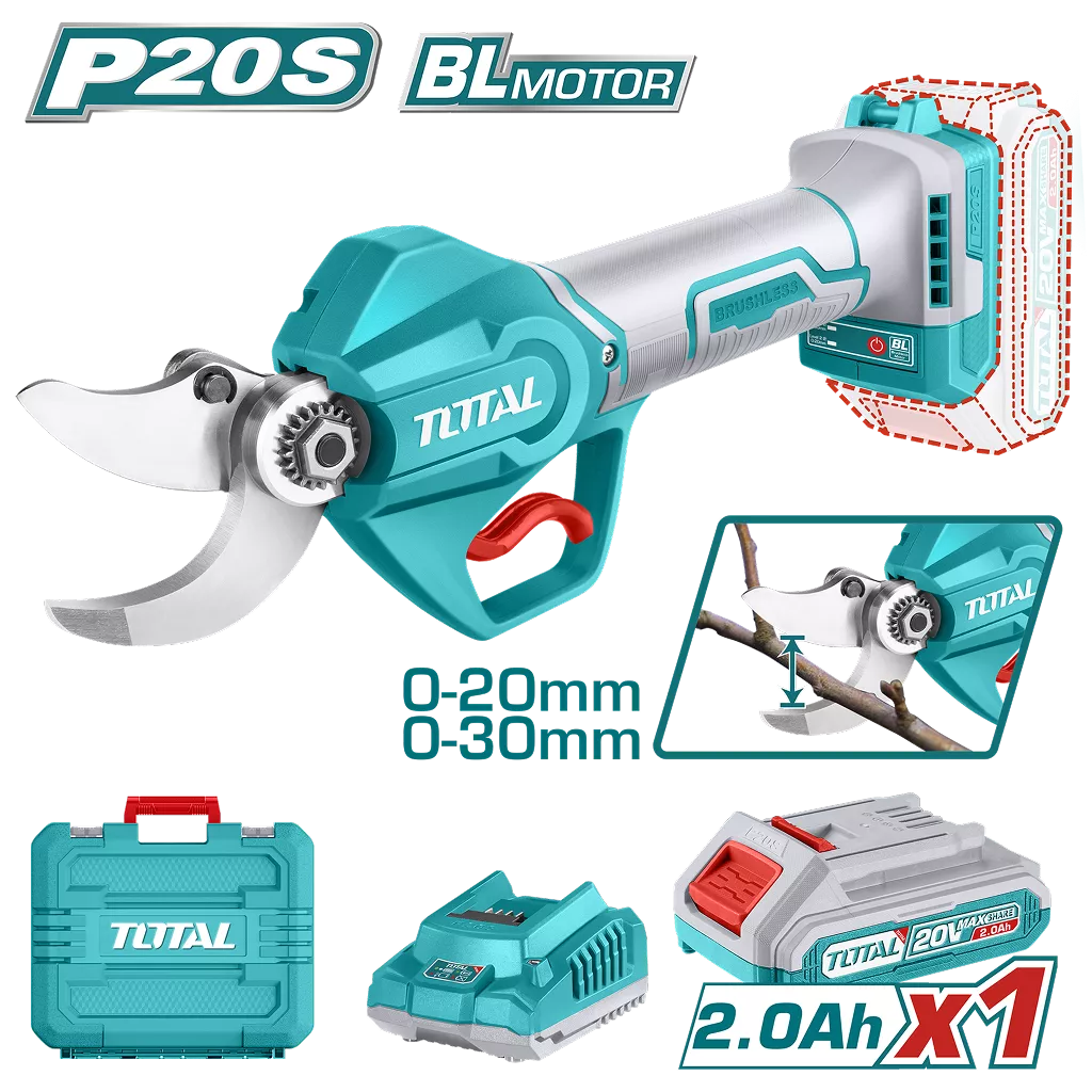 Foarfeca pentru crengi TOTAL 20V, diametru taiere 20 mm / 30 mm (INCLUDE ACUMULATOR, INCARCATOR)